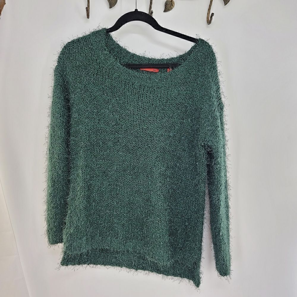 Red green eyelash fringe crewneck sweater